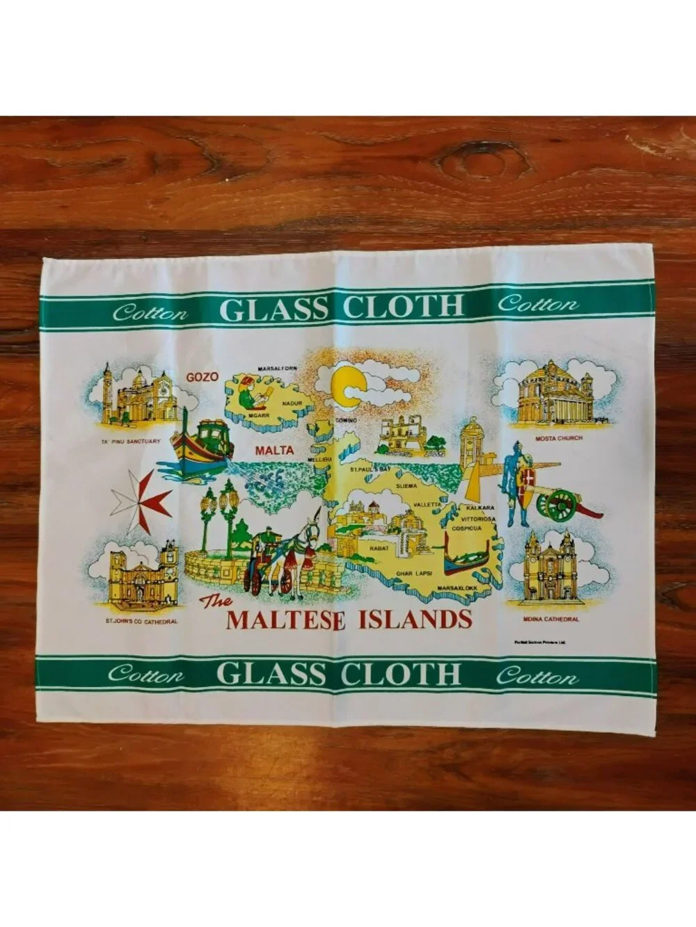 Vintage Cotton Tea Towel, The Maltese Islands, Map & Landmarks, Malta Souvenir